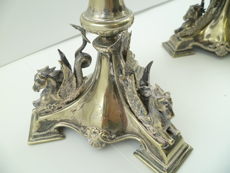 A PAIR OF VICTORIAN SILVER PLATED COMPORTS, fitted cut and etched glass dish tops, on plated - Image 4 of 4