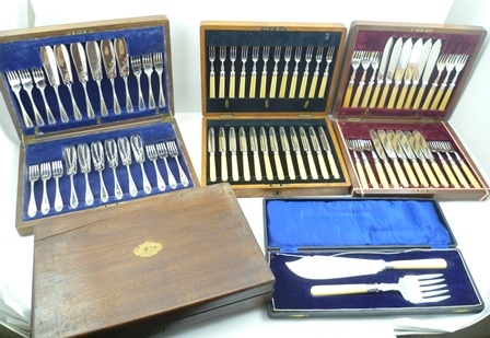 A COLLECTION OF VARIOUS CUTLERY including, a cased set of twelve dessert knives and forks, cased