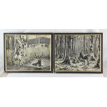 A PAIR OF BLACK AND WHITE STIPPLE PRINTS depicting Deer Hunting, river and forest settings, in