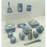 A COLLECTION OF WEDGWOOD CERAMIC TRINKETS, pale blue ground, cameo decorated, includes dressing