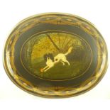 A 19TH CENTURY OVAL TIN TRAY, hand-painted with a dog in landscape to the sole, gilded rim, 60cm x