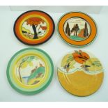 FOUR CLARICE CLIFF BIZARRE TEA PLATES, various hand-painted patterns to include, "Secrets", 15cm