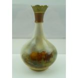 A ROYAL WORCESTER PORCELAIN VASE, onion form, leaf moulded with flare rim, hand painted with