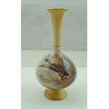 A ROYAL WORCESTER PORCELAIN VASE, having squat body, tall narrow trumpet neck on platform base, hand