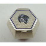 AN EARLY 20TH CENTURY EGYPTIAN SILVER AND ENAMEL PILL BOX, hexagonal form, the hinged cover with