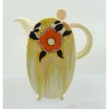 A CLARICE CLIFF BIZARRE COFFEE POT, Bonjour shape, hand-painted Lydiat pattern