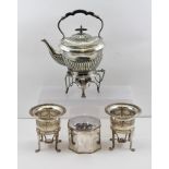 WALKER & HALL A VICTORIAN SILVER PLATED KETTLE ON STAND, together with a pair of circular plated