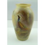 A ROYAL WORCESTER PORCELAIN VASE OF BALUSTER FORM, hand painted pheasant on the edge of woodland