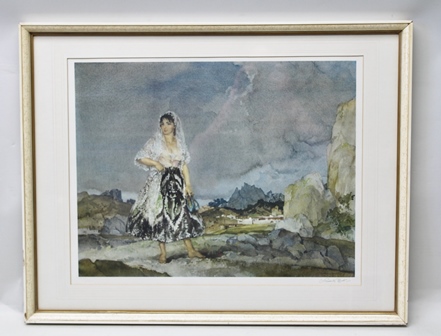 AFTER SIR WILLIAM RUSSELL FLINT A landscape with lady, shoes in hand, a colour Print, signed in