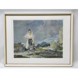 AFTER SIR WILLIAM RUSSELL FLINT A landscape with lady, shoes in hand, a colour Print, signed in