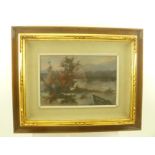 OTTORINO VALORI "River with boat" Oil painting on panel, signed Otto Valori, 19cm x 29cm, in stained