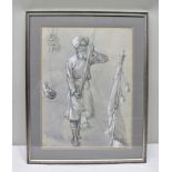 ELLIS SILAS "Studies of an Indian Standard Bearer", an en-grisaille chalk and charcoal Drawing, 49cm