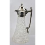 A VICTORIAN CUT GLASS CLARET JUG, the body of tapering form, with plated mounts, 29cm high