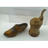 A SCANDANAVIAN WOODEN LIDDED TANKARD together with a CARVED WOOD SHOE, 18cm long