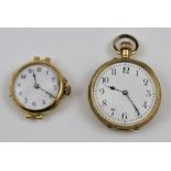 AN EARLY 20TH CENTURY SWISS GOLD COLOURED METAL OPEN FACE LADY'S POCKET WATCH, having floral