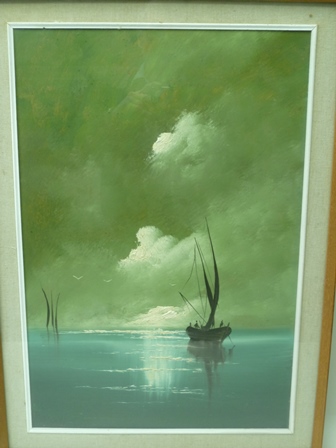 20TH CENTURY SCHOOL "Sail boats at dusk", Oil painting on board, 60cm x 41cm, stained wood framed - Image 2 of 3