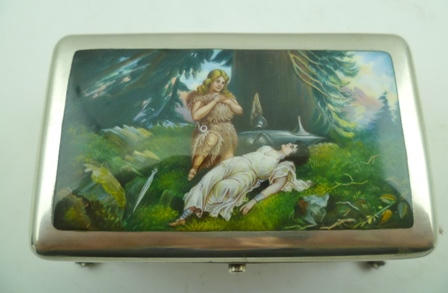 A GERMAN SILVER AND ENAMEL CASKET, the hinged cover inset Wagnerian enamel plaque, Brunhilde and - Image 3 of 5