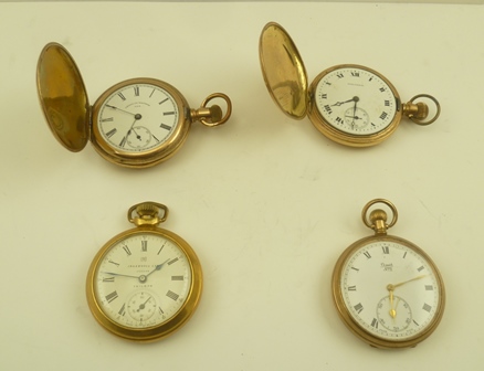 TWO AMERICAN WALTHAM GOLD-PLATED HUNTER POCKET WATCHES and two others of open face design (4)