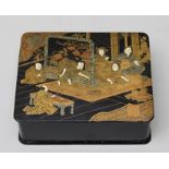 A 19TH CENTURY ORIENTAL PAPIER MACHE LIDDED BOX, decorated with a scene of a courtly interior,