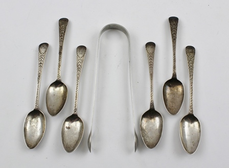 PETER & ANN BATEMAN A SET OF SIX BRIGHT CUT SPOONS, London 1818, together with a pair of TONGS,