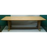 A 20TH CENTURY ARTS AND CRAFTS DESIGN LATER LIMED OAK REFECTORY TABLE having rectangular plank