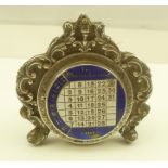 F.W.P. & CO. A LATE VICTORIAN SILVER MOUNTED PERPETUAL CALENDAR, having blue and white enamel