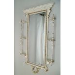 A LATE 19TH CENTURY PAINTED FRAME RECTANGULAR BEVEL-PLATE MIRROR with architectural top and trio