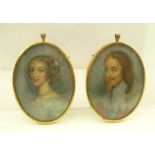 A PAIR OF ENGLISH SCHOOL PORTRAIT MINIATURES "King Charles I and Queen Henrietta", Watercolours, 9.