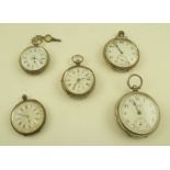 A COLLECTION OF FIVE WHITE METAL OPEN FACE POCKET WATCHES