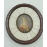 EUROPEAN SCHOOL A miniature portrait of a young woman, wearing a red dress, oval mounted within a