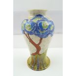 A CLARICE CLIFF "PATINA BLUE FIRS" BIZARRE CERAMIC VASE of baluster form, hand-painted tree in