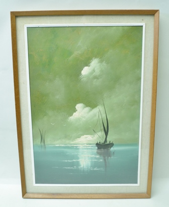 20TH CENTURY SCHOOL "Sail boats at dusk", Oil painting on board, 60cm x 41cm, stained wood framed