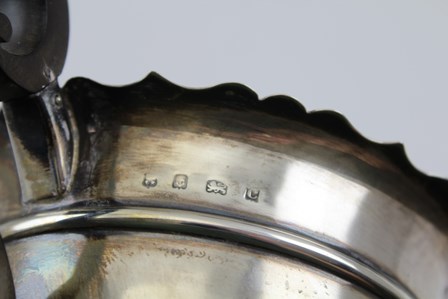 SHERWOOD & SONS A THREE-PIECE SILVER TEA SET, having cut and shaped rim banded plain belly, black - Image 2 of 4