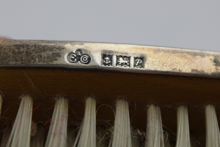 ELKINGTON & CO A SILVER AND ENAMEL GUILLOCHE DECORATED MIRROR AND TWO BRUSHES, with forget-me-not - Image 2 of 4