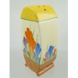 A CLARICE CLIFF BIZARRE SUGAR SIFTER of Bonjour shape, hand painted in crocus pattern, 13cm high