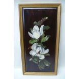 AN EDWARDIAN BOTANICAL PAINTING on wooden panel, Study of a Magnolia Branch, 59cm x 28cm, in gilt