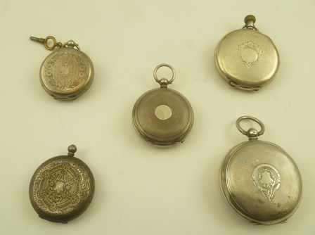 A COLLECTION OF FIVE WHITE METAL OPEN FACE POCKET WATCHES - Image 2 of 2