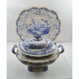 A LATE VICTORIAN BLUE AND WHITE TRANSFER PRINTED MEAT DISH ' Canton Views', together with a blue and