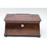 A 19TH CENTURY MAHOGANY SARCOPHAGUS TEA CADDY, hinged lid opens to reveal a pair of inner caddy