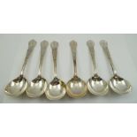 FRANCIS HOWARD A SET OF SIX SILVER ELIZABETHAN PATTERN SOUP SPOONS with cartouche terminals,