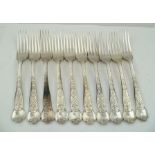 JOHN SAMUEL HUNT A SET OF TEN VICTORIAN ELIZABETHAN PATTERN SILVER DESSERT FORKS, each having a bird