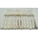 JOHN SAMUEL HUNT A SET OF TWELVE VICTORIAN SILVER ELIZABETHAN PATTERN TABLE FORKS, each with