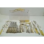 A COLLECTION OF SILVER AND SILVER PLATED FLATWARE CUTLERY to include; butter knives, jam spoons,