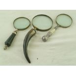 THREE LARGE DESK TOP MAGNIFYING GLASSES one with horn handle