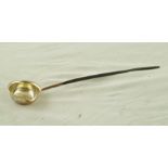 A GEORGE III TODDY LADLE with white metal bowl, coin set and a twisted whalebone handle, 40cm long