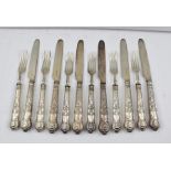 AARON HADFIELD & SONS A SET OF SIX SILVER QUEENS PATTERN FRUIT KNIVES AND FORKS, each having