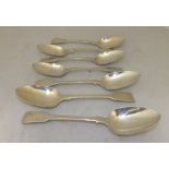 POSSIBLY JOHN HARRIS A SET OF FIVE GEORGE IV SILVER TABLE SPOONS of fiddle pattern design, London