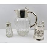 A SLICE CUT LEMONADE JUG, with silver plated cover and handle, together with a SUGAR CASTER having