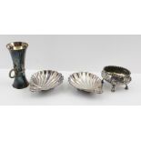 A PAIR OF LATE 20TH CENTURY SILVER BUTTER DISHES of scallop shell form, raised on three ball feet,