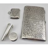 A GEORGE V SILVER CIGARETTE CASE, having engraved acanthus scroll decoration with presentation